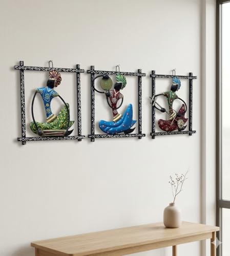 Image of Nagpuri Musician Metal Wall Frame Set | Handcrafted Tribal Musician Art Decor | Traditional Indian Folk Sculpture Frames for Home, Living Room, Office Wall Decoration (Set of Frames)