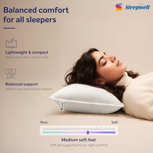 Image of Sleepwell Huggs Classic Compact Soft Fibre-Fill Pillow | White | Hand Washable | Polyester| 15D Hollow Siliconized Fibre | Lightweight | Vacuum Compressed | Medium Soft | 27 X17 Inches | Pack of 1