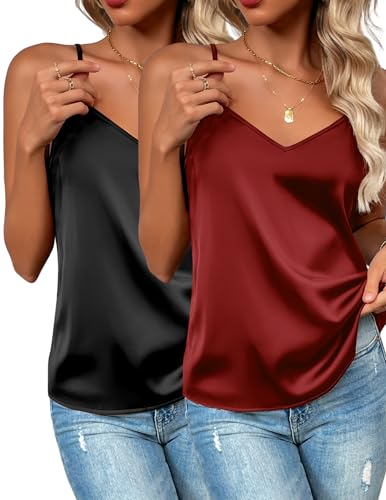 La mejor selección de Camisetas de tirantes para Mujer - los preferidos. 41 Zeagoo - Paquete de 2 camisetas sin mangas de satén de seda para mujer, cuello en V ajustable con tirantes delgados, sin mangas, blusa básica de verano, Paquete de 2: negro y...
