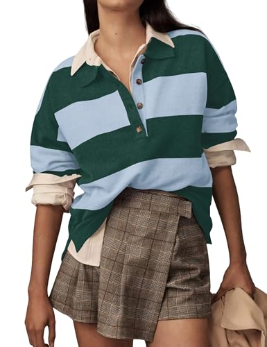Image of Womens Striped Sweater Rugby Polo Shirts Y2k Collar Pullover Tops | Rugby Shirt,Long Sleeve Knit Top,Lapel V Neck Jumper,Oversized,Casual Outings Streetwear,Preppy Sweater,Fall Winter Clothes