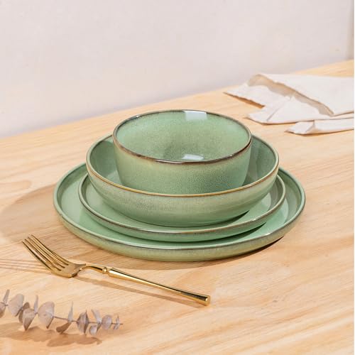 GBhome Geschirrset 4 Personen, 12-tlg Reaktive Glasur Handarbeit Steingut Geschirr Set, Mikrowellen- & Spülmaschinenfest Schüssel- und Teller Set, Pastellgrün, GDW067GN-EU
