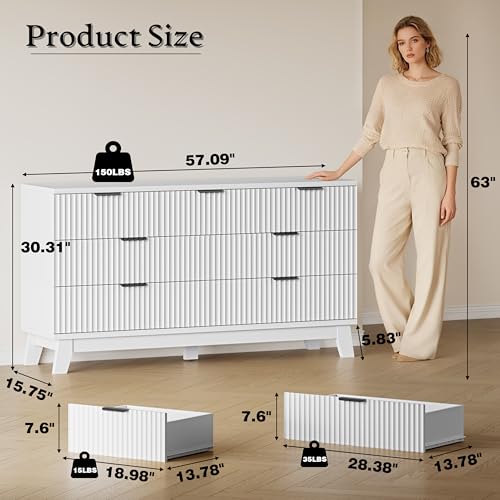 Image of BORNOON 57 inch Long Dresser for Bedroom, 7-Drawer Fluted Chest, Wide Wood Storage Dresser with Metal Slides and Handles, Stable Base, Modern Clothes Organizer for Primary Suite, Guest Room, Nursery