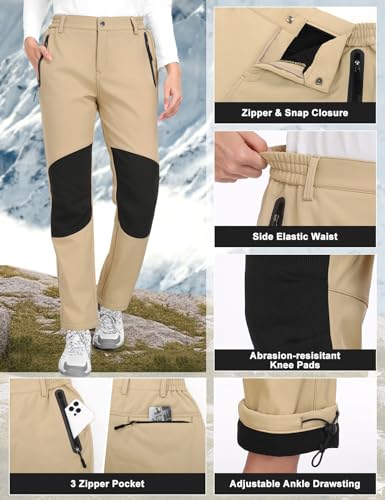 PASUDA Damen Wanderhose Wasserdicht Skihose Softshellhose Thermohose Fleece Gefüttert Winter Hosen Schneehose Winddicht Warm Arbeitshose Trekkinghose Langlaufhose Knie-Reibungsschutz (Khaki, L)