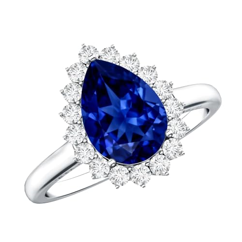 Rosec Jewels 3 Ct Lab Grown Blue Sapphire Pear Engagement Ring with Diamond Halo, 10K White Gold, Size:US 10.00
