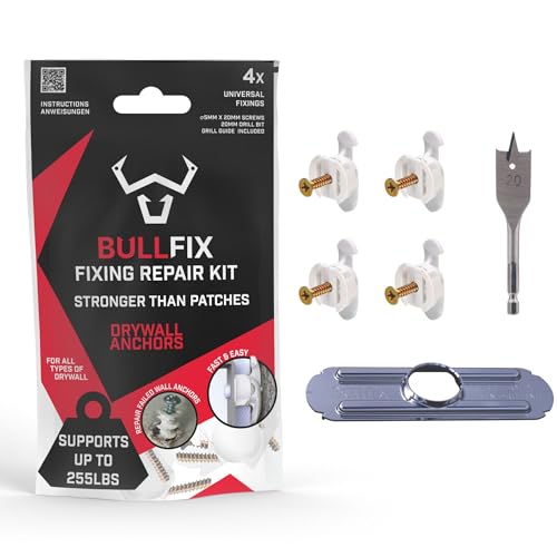 Image of Bullfix Drywall Hole Repair Kit 4 Pack - Wall Fixer, Holds 255lbs | Universal Anchors & Screws for Cavity Walls, Stud & Dot Dab, Dry Wall Repair Kits with Drill Bit & Guide