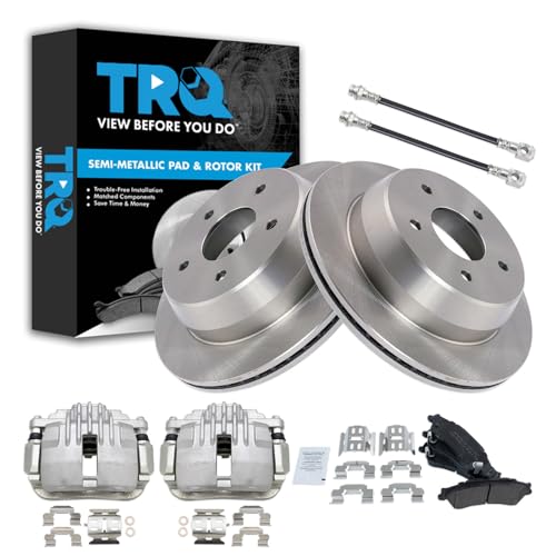 Image of TRQ Rear Brake Pad and Rotor Set Semi Metallic Rotors Calipers Compatible with 1998-2005 Chevrolet Blazer 1998-2001 GMC Jimmy