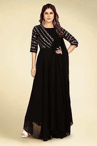 Image of ROYALICA Gown for Women - Georgette Matt Sequence Embroidery Regular Fit A-Line Gown with Attached Dupatta for Women (