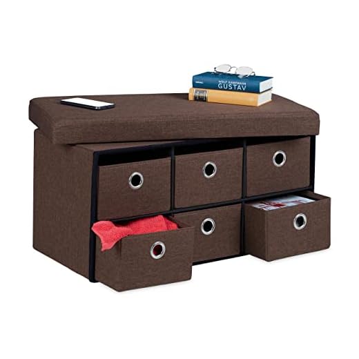 Relaxdays Banco Almacenaje, Baúl Plegable, 6 Cajones, Mueble con Asiento Recibidor, Pasillo, Salón, 39x76x38 cm, Marrón, 70% Tablero de Fibra 20% poliéster 10% Espuma
