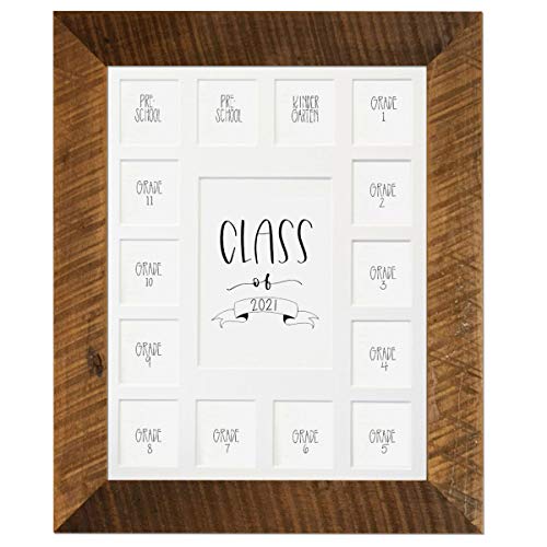 Image of Rustic Red Door Co. School Years Reclaimed Wood Picture Frame - 11x14 Wooden Framed 15 Photo Collage Mat Pre-School & Kindergarten to 12th Grade High School Graduation (Class of 2021, White)