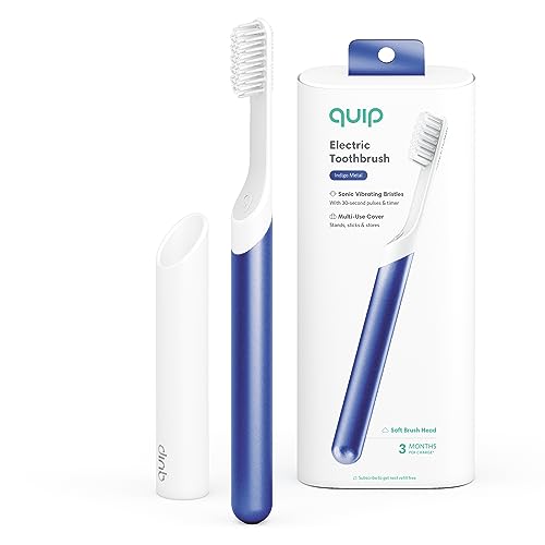 Quip Sonic Toothbrush for Adults - Timed Electric Toothbrush with Cover - Replaceable Brush Head, Soft Bristles, Metal Handle, 3 Month Battery Life - Travel Toothbrush - Indigo Quip Sonic Toothbrush for Adults - Timed Electric Toothbrush with Cover - Replaceable Brush Head, Soft Bristles, Metal Handle, 3 Month Battery Life - Travel Toothbrush - Indigo