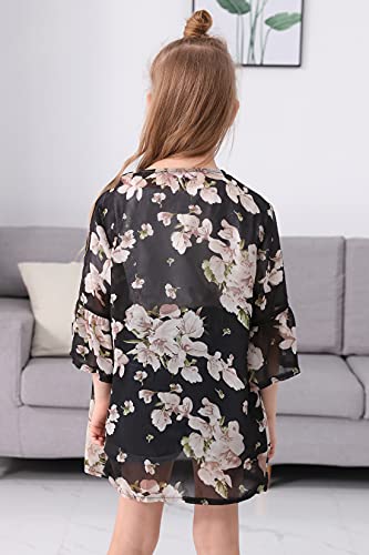 Image of GORLYA Girl's Floral Print Chiffon Beach Cardigan Cover ups Kids Casual Kimono Capes Swimsuit Wraps