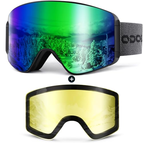 Odoland Skibrille für Damen und Herren Jungen Ski Goggles Anti-Fog UV-Schutz mit Magnetische Wechselglas Snowboardbrille Helmkompatible zum Snowboard Skifahren Grün — VLT 13%