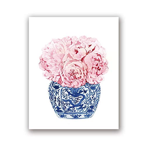  HERW Stampa su Tela Vaso Blu E Bianco Stampe su Tela Orchidea Bianca E Peonia Rosa Decorazione Cineserie Pittura Orientale su Porcellana