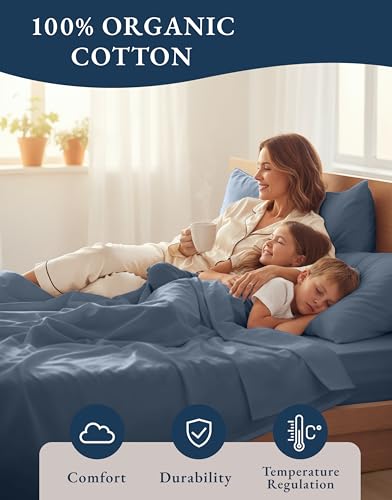 Image of LANE LINEN 100% Organic Cotton Twin Bed Sheet Set, Luxury Hotel Style Fade Resistant Deep Pocket Machine Washable Twin Size Sheet Set, Eco Friendly Mercerized Cotton Sheets- Estate Blue
