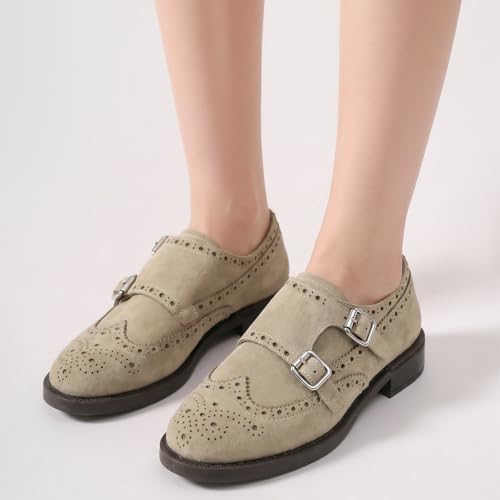 Image of BEAU TODAY Womens Leather Loafers, Monk Platform Loafer Shoes | Cowhide, Brogue Wingtip, Slip-on, Chunky Heel, Comfortable, Non-slip Durable, Business Casual Office Dress Shoes