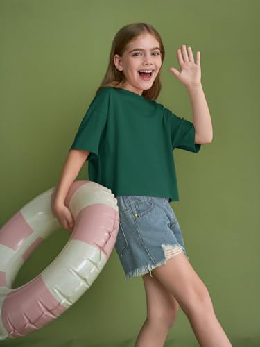 Image of Girls Athletic Oversized Crop Tops Kids Drop Shoulder Short Sleeve T Shirts Workout Tees 5-14 Years