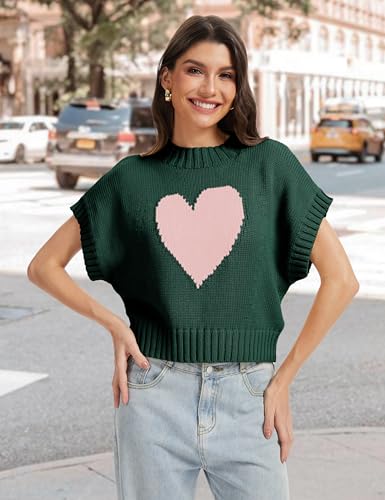 Womens Sweater Vest Mock Neck Cap Sleeve Sweater Tank Tops Cute Heart Knit Cropped Pullover Top2