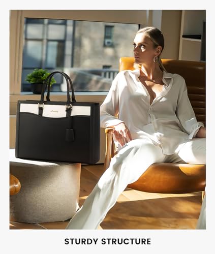 Image of LOVEVOOK Laptop Tote Bag for Women, Leather Office Work Bag Briefcase fit for 15.6 inch Laptop, Large Teacher Computer Bag Handbag,2pcs Set Leather /Black-White