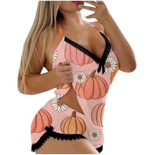 Generisch Conjunto de 2 pantalones cortos para mujer de Halloween, sexy, con estampado de calabaza, conjunto de 2 piezas, ropa de dormir de encaje sin espalda, lencería, traje de pantalones calientes