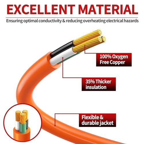Image of 100 FT 14 /3 Extension Cord Outdoor, Heavy Duty Weatherproof & Flame Retardant Orange 3 Prong Power Cord with Light, Outside for Lawn & Garden, 13 Amps 1625 Watts 125 VAC 14AWG SJTW, ETL Listed