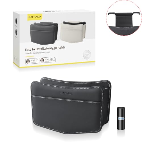 Image of Car Trash Can Small Leather Vehicle Trash Bin Car Dustbin Garbage Organizer Holder with Trash Bag Foldable Mini Cars Storage Bag Container for Auto SUV Van Trucks (Black,Hanging Hook)
