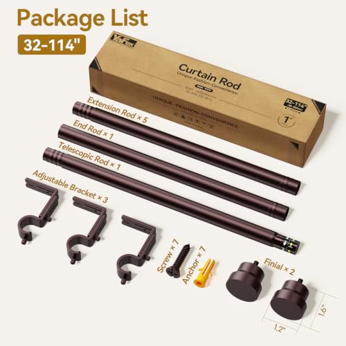Image of YaFex Curtain Rods 32-114 Inch, Heavy Duty 1 Inch Adjustable Curtain Rod for Windows, Bronze Long Window Treatment Rods, Modern Design, Easy Installation