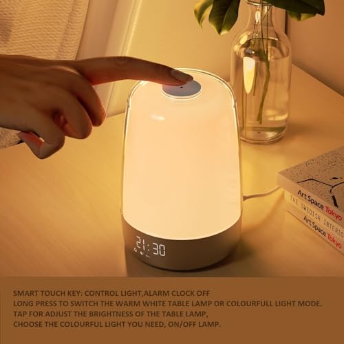 Image of Zollyss Touch Wake Up Night Light with Alarm Clock, 3 Ways Dimmable Warm White Bedside Lamp for Kid Bedrooms RGB Ambient Table Nightstand Light,Sleep Aid Snooze Timer Mode