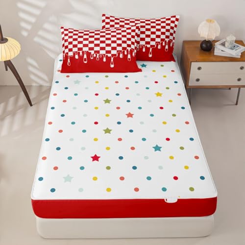Image of Red and White Checkered Durable Zipper Bedding Set Full,Checkerboard Drip 4 Piece Kids Comforter with Fitted Sheet & Pillowcases,Cool Aesthetic Funky Modern Geometric for Active Families Pet Friendly