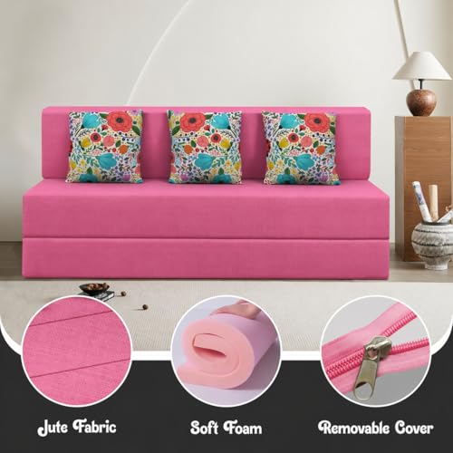Image of Rosebell Foldable 3 Seater Sofa Cum Bed, Printed Sofa Bed 5X6 Feet, Washable Cover- Perfect for Home & Office - Rose Pink Color for Home