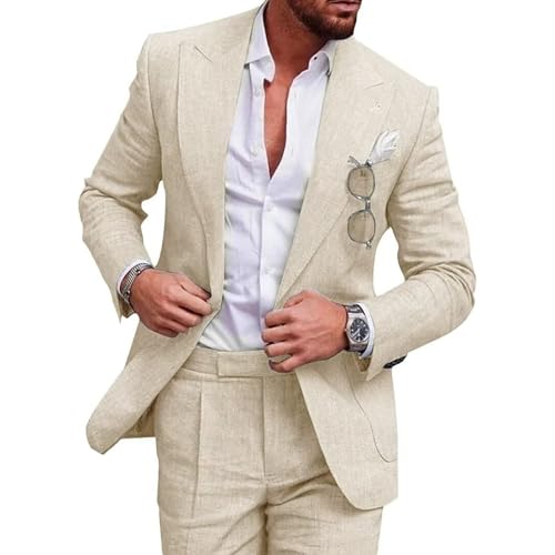 Traje de lino para hombre, 2 piezas, informal, color sólido, boda, uso diario, dos piezas (chaqueta y pantalones), beige, L