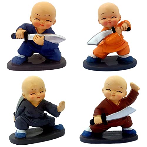 Image of AUGEN Polyresin Set of 4 Buddha Monks Statues Figurines Showpiece for Wall Shelf Table Desktop Living Room Car Dashboard Decoration Home Office Decor (Multicolour)(7698E)