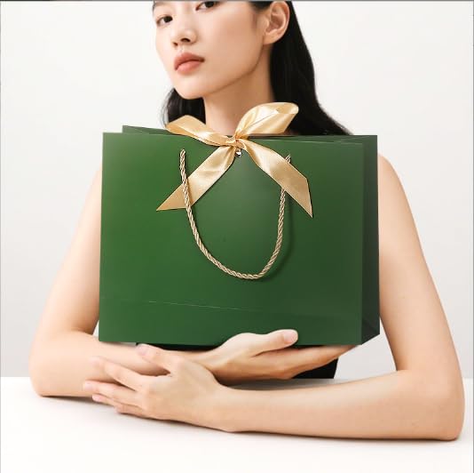 Image of JMANNI Gift Bags with Handles, 13 inch Medium Gift Bag for Presents, 1 Pcs Bags with 2 Tissue Paper and 1 Cards for Baby Shower Wedding Bridal Shower Mother's Day Birthday Party (DarkGreen)