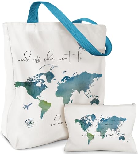 Miss Adola Bolsa de lona Aesthetic pacote com 2 - com bolsa de maquiagem com zíper para mulheres, bolsa para compras, academia, viagens, férias, Mapa de aquarela, One Size