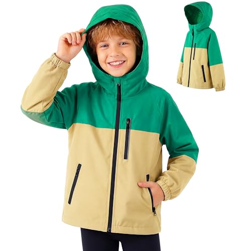 Hoseay Chaqueta Impermeable Infantils, Chubasquero con Tiras Reflectantes y Bolsillos Cremallera, Ligero Cortavientos con Capucha, Ropa Abrigo Niños Exterior para Edad 7-8, Amarillo Verde