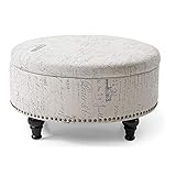 Nathaniel Home 32” Wide Oversized Fabric Round Storage Ottoman Removable Lid Bench Coffee Table Wine Bar for Bedroom Living Room(Beige 91023-63)