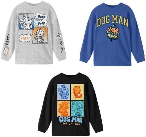 Dog Man Character Comic Art Boy's 3-Pack Crew Neck Long Sleeve Shirts