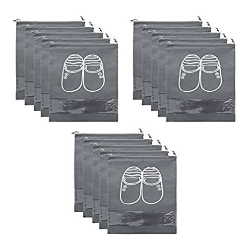 HEXONIQ® Drawstring Transparent Window Travel Shoe Bag, Portable Shoes Storage Bag Non-Woven Dust Bag Suitable for Men and Women Daily Home Travel, Grey, 27 x 36 cm, 15 Pack