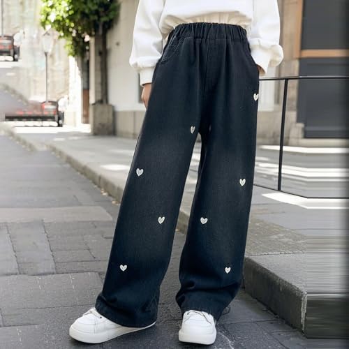 Moonker Girls Baggy Jeans Cute Heart Embroidery Straight Wide Leg Denim Pants Loose Palazzo High Elastic Waist3