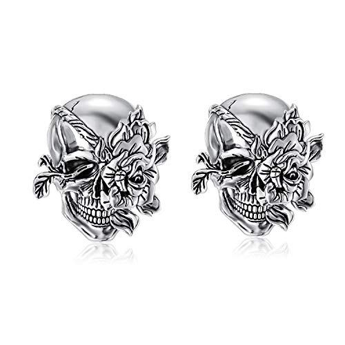 RMREWY Skull Earrings Sterling Silver Gothic Skull Bone Snake/Rose Flower Stud Earrings Silver Skull Jewelry Gift for Women Men (Rose Flower Skull Earrings)