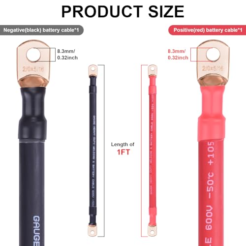 Image of iGreely 2 /0 AWG Battery Welding Cables,2 /0 Gauge Copper Battery Wires with 5 /16'' Heavy Duty Lugs for Automotive Inverter RV Solar Marine Boat,Replacement Parts & Accessories (Red + Black 1FT Pair)