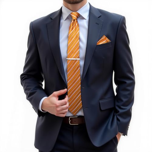 Image of DiBanGu Mens Tie Silk Plaid Striped Necktie and Pocket Square Cufflinks Tie Clip Set with Gift Box Formal Wedding Party