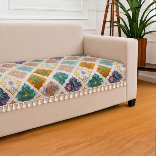 Image of STITCHNEST 'Frostvine Collection' 2 Seater Sofa Cover| Cotton Quilted Fabric, Decorative Tassels, Washable & Durable for Modern Living