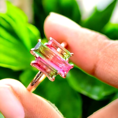 Watermelon Tourmaline Ring for Women - Natural Bicolor Tourmaline Baguette Cut Ring - 14K Gold Plated Statement Ring - Handmade Fine Jewelry - October Birthstone - Anniversary, Bridal, Gift for Her"3