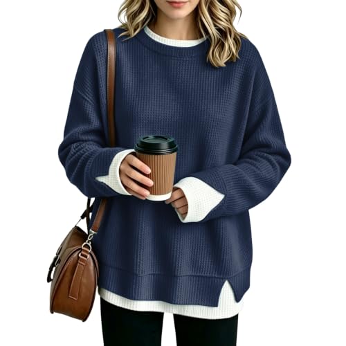 Oversized Crew Neck Sweatshirts Women Waffle Long Sleeve Sweatshirt Fall - image 6