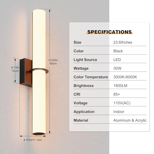 Image of 24 Inch 30W Led Bathroom Vanity Light,3000K-6000K Dimmable Vanity Lighting Fixtures with White Acrylic Lampshade,Indoor Hardwired Wall Light Over Mirror for Mirror Restroom(Black,1 Pack)