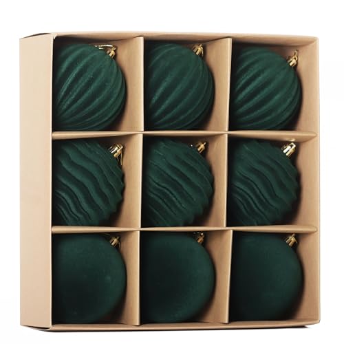 Image of 4In Large Green Velvet Christmas Ornaments Set,9Pcs Flocked Ornaments Balls