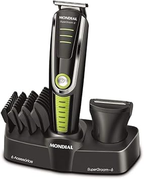 Mondial Aparador de Pelos 6 em 1 - Super Groom Original - Barbeador Cortador Cabelos Barba Base Carregadora Sem Fio Recarregável Lâminas Aço Inox 6 Peças Bivolt 6 Watts - Homens Adultos