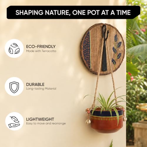 Image of AAKRITI ART CREATIONS Wall Hanging Planter with Hook | Blue & Brown Earthen Planter on Round Wooden, Modern Art, Matte Finish | Metal, Terracotta & Wood | Decor Hanging Pot for Indoor & Outdoor