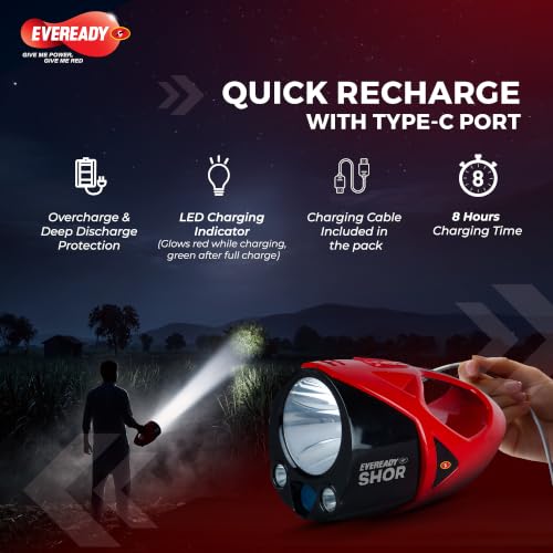 Image of EVEREADY Shor DL190, Commander Torch, 5W Front Light & 3W Sidelight, Rechargeable, USB Type-C Fast Charging, Light Strobe, 100 dBA Animal Alarm, Powered by Li-ion Battery