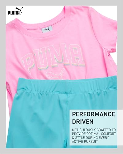 Image of PUMA Girls' Biker Short Set - 2 Piece Short Sleeve Crewneck Graphic Tee Shirt and Bike Shorts for Girls (Sizes: 7-14)